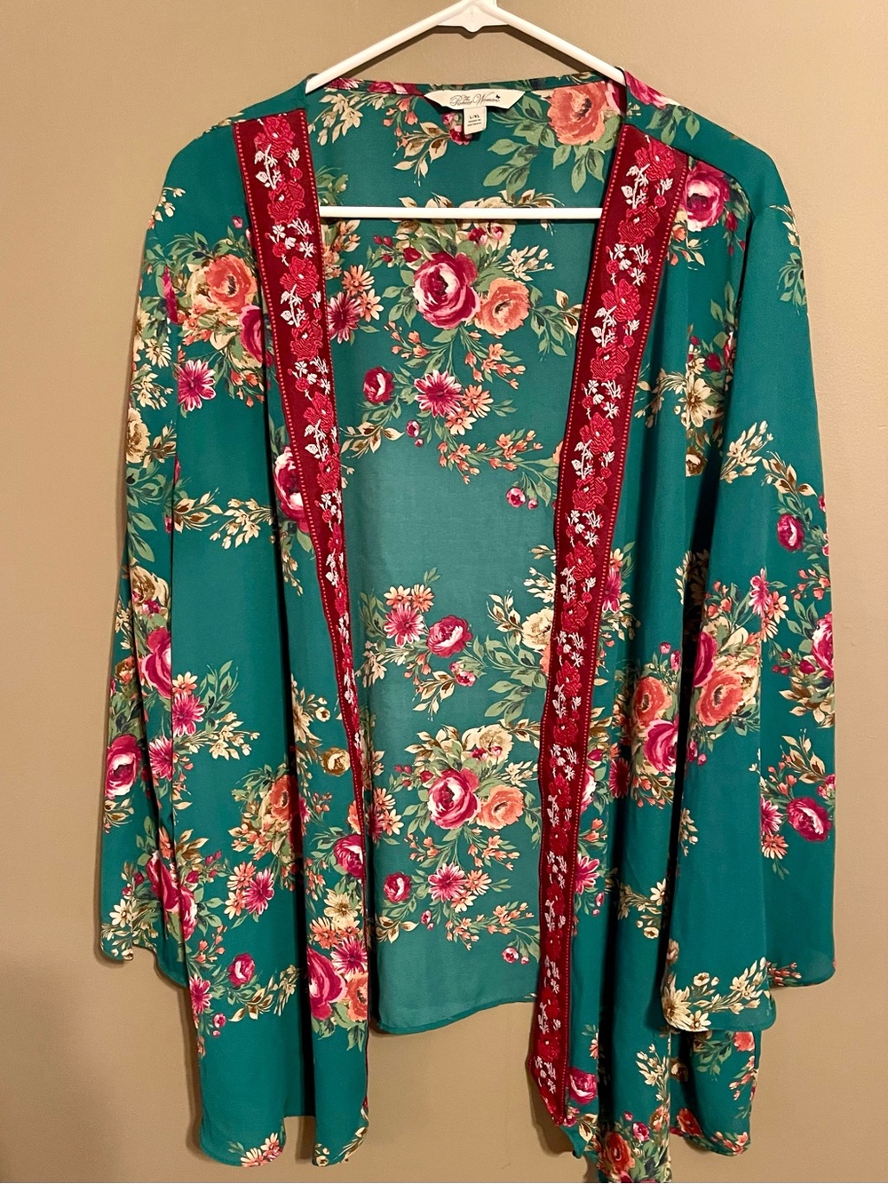 The Pioneer Woman Teal Floral Open-Front Cardigan with Red Trim